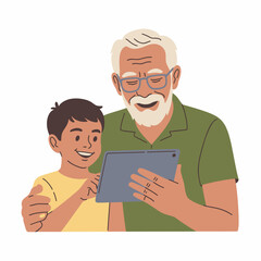 Grandfather Teaching Grandson on Tablet Illustration