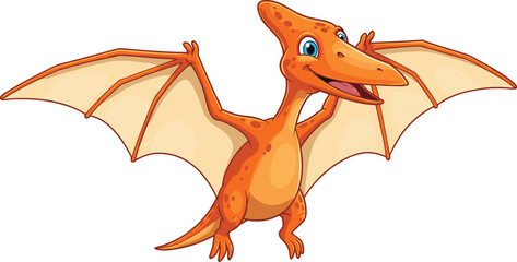 Cute cartoon pterodactyl flying with wings spread, smiling prehistoric dinosaur character, orange reptile illustration for kids vector design content.