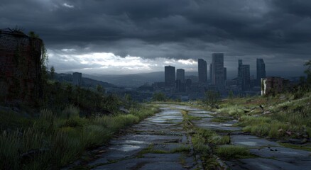 Abandoned road leading to a city under a stormy sky