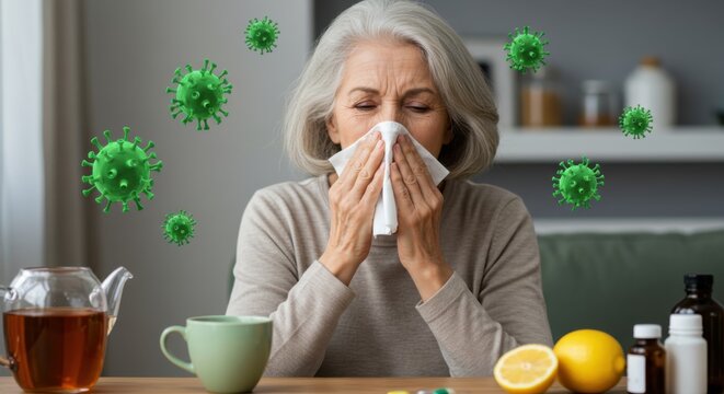 Elderly Woman Sneezing with Tissue – Seasonal Flu, Cold, Virus and Health Problems in Seniors 