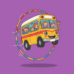 A joyful cartoon school bus with a smiling face flies through a colorful hoop, carrying six excited children against a purple background. © bima