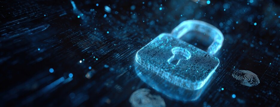 Digital padlock hovers over a dark circuit board background, glowing blue