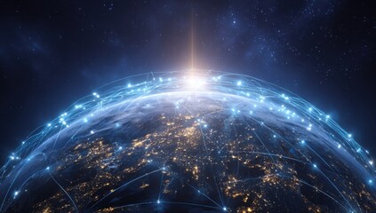 Earth, networked by shimmering, glowing lines, a global communication network, in space, with a sunbeam