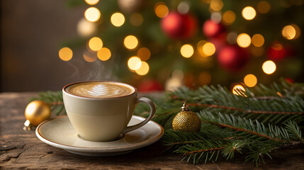 Cozy christmas morning coffee with festive decorations and bokeh lights