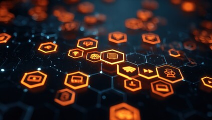 Abstract digital interface with glowing orange icons on a dark honeycomb grid