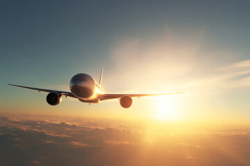 Airplane above the clouds with bright sun