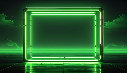 A glowing, green neon rectangle frame stands on a reflective tile surface, softly lit by surrounding clouds, under a night sky dotted with stars, creating a futuristic atmosphere
