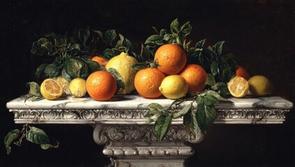 Still life of citrus fruits on a marble pedestal (1)
