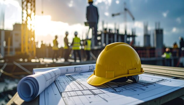 A construction site comes to life at sunrise. A yellow safety helmet rests on architectural blueprints, poised for the day's activities