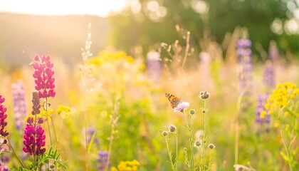 Butterflies in a meadow at sunset