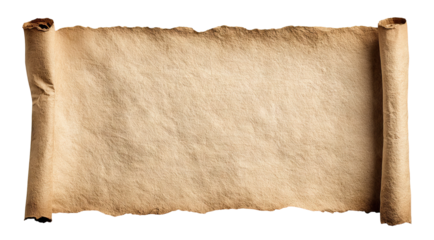 Vintage parchment scroll with rolled edges and textured surface, isolated on transparent cutout background