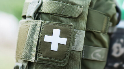 Close-up of a medical patch on tactical gear during training Generative AI