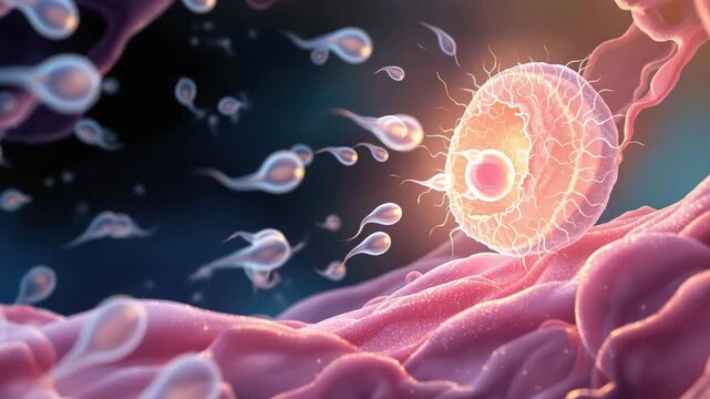 Biology graphic showing sperm penetrating the egg and starting embryonic development