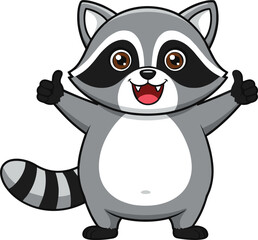 Cute cartoon raccoon with big brown eyes smiling happily, giving thumbs up, standing cheerful wild animal vector illustration.