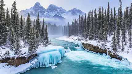 Vibrant turquoise river flowing through a snowy landscape Generative AI