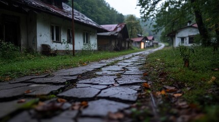 Eerie charm in a forgotten village lane with weathered houses and broken paving stones shrouded in
