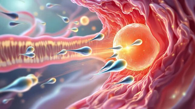 Microscopic view of sperm moving toward the ovum inside the fallopian tube