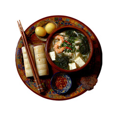 Delicious Asian Noodle Soup with Shrimp, Tofu, and Dumplings - Overhead Shot
