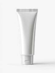 A pristine, white, cylindrical tube with a flip-top cap stands against a plain white background, showcasing its clean, minimalist design