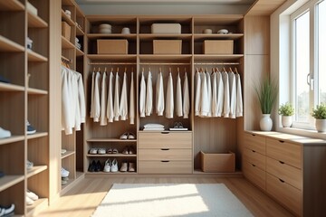 Modern wooden walk-in closet with neatly organized shelves, hanging clothes, shoes, wicker baskets, and natural daylight