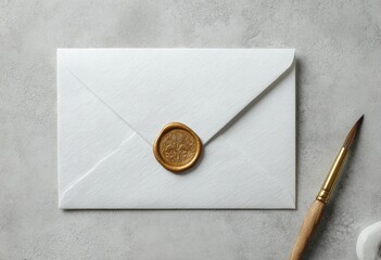 A pristine white envelope with a gold wax seal and a paintbrush rests on a textured gray surface