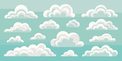 A collection of fluffy white cumulus clouds scattered across a light blue sky background