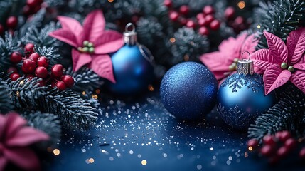 Blue Christmas ornaments with poinsettias and berries on frosted branches baubles