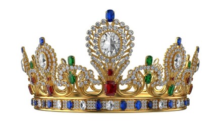 Fototapeta premium Ornate Golden Crown with Jewels on White Background