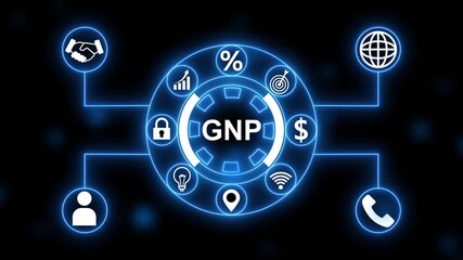 Business concept infographic with GNP acronym in center and connected icons Keywords: GNP, business, infographic, concept, technology, finance, economy, growth, success, communication