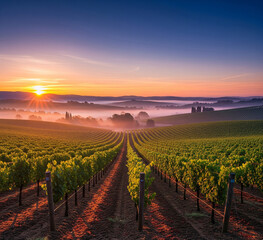 Fototapeta premium vineyard in the morning with fog