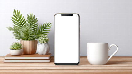Modern smartphone with blank screen on wooden table next to houseplant and coffee mug on stack of books, minimal workspace with natural decor and cozy mood