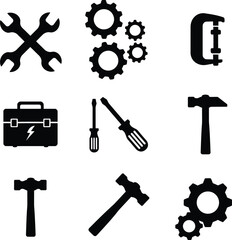 Mechanical engineering tools and hardware icons. Wrench, gears, toolbox, and hammer vector symbols for industrial use.