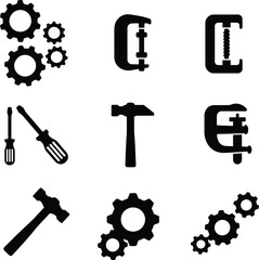 Mechanical engineering tools and gears icon set. Hammer, screwdriver, and clamp symbols for repair and industrial design.