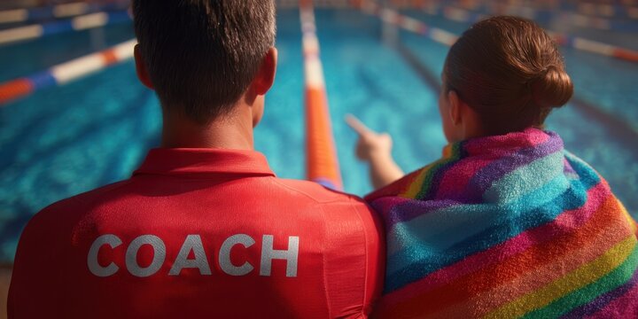 The coach guiding a young swimmer at a competitive training session.