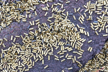 Spent rifle cartridges laying on ground at biathlon range