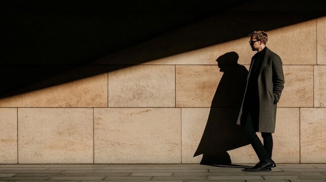 A man in a black coat is walking down a street in front of a brick wall. The man is wearing glasses and has a shadow of him on the wall. The image has a moody and somewhat mysterious feel to it