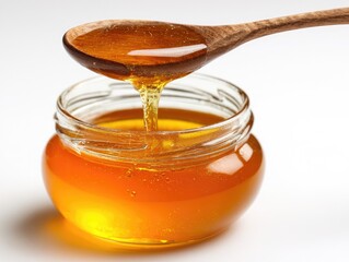 Honey pouring from wooden spoon into glass jar (1)