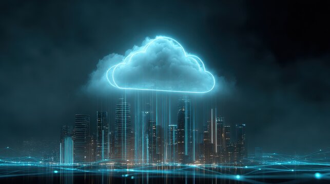Glowing neon cloud ascending from futuristic cityscape at night