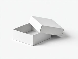A pristine white, square cardboard gift box rests slightly ajar on a stark white background, its lid askew, revealing an empty interior