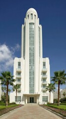 Obraz premium Elegant, white art deco building with tall arched windows and a domed top, framed by palm trees on a brick path under a clear blue sky