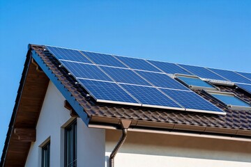 Residential Solar Panels on Roof Against Blue Sky