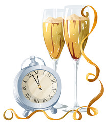 New Year Midnight Countdown Celebration with Champagne Glasses and Clock – Festive Party Illustration