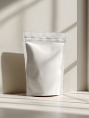 A pristine white stand-up pouch, sealed, sits on a light beige surface, bathed in soft, window-filtered sunlight casting gentle shadows