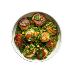 Pan-Seared Scallops with Herb Salsa Verde in White Bowl - Overhead Shot