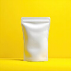 A pristine white stand-up pouch with a resealable zipper sits centrally against a vibrant yellow backdrop.  The pouch is smooth and appears empty, ready for product placement