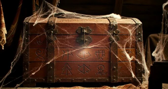 Old Wooden Chest Covered in Cobwebs in a Dark Room.