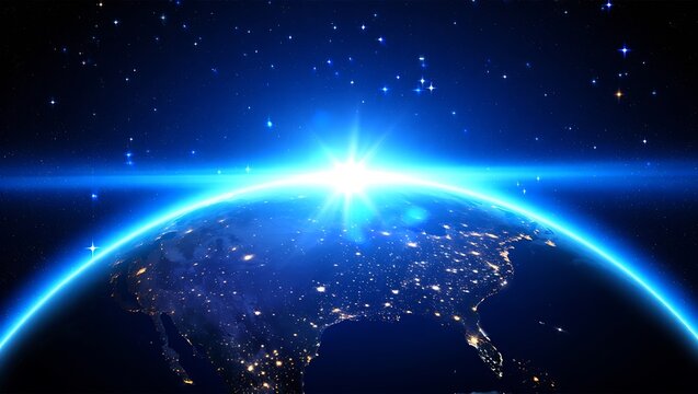 Spectacular view of earth from space with sunrise over the horizon and city lights shining brightly - Powered by Adobe