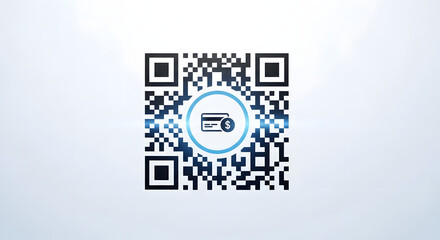 QR code for Transaction: A high-angle shot showcases a crisp QR code, overlaid with a credit card symbol at its center, against a clean, minimalistic backdrop, representing modern payment methods