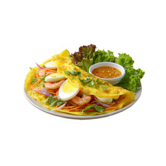 Delicious Vietnamese Banh Xeo Crepe with Shrimp, Boiled Egg, and Fresh Herbs