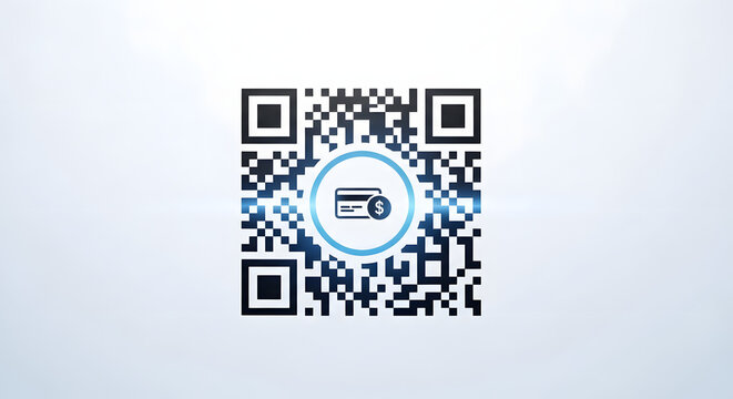 QR code for Transaction: A high-angle shot showcases a crisp QR code, overlaid with a credit card symbol at its center, against a clean, minimalistic backdrop, representing modern payment methods